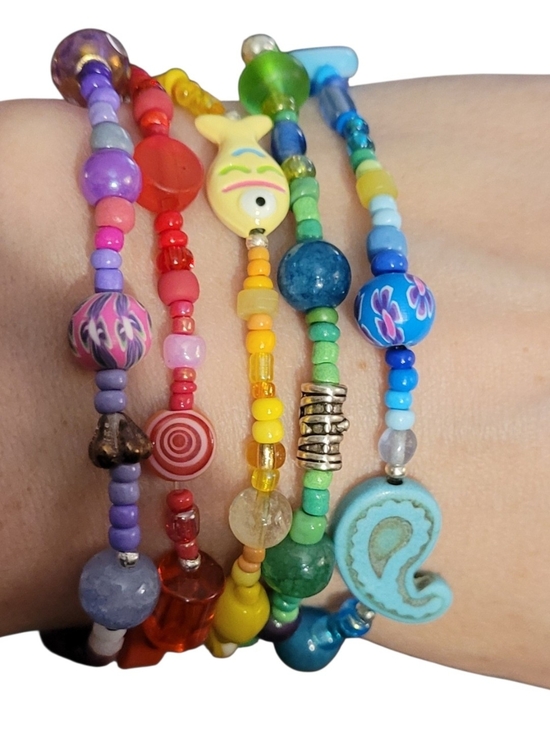 Hand Crafted Jewelry - Multicolor Mixed-Media Beaded Stretch Bracelet Set of 5 💜
